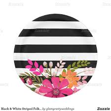 Black And White Stripes With Flowers Background Black White Striped Folklore Flowers Fuchsia Paper Plate Zazzle Com Paper Plates Custom Paper Plates Paper Plates Party