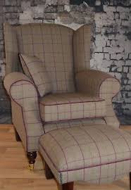 Wing Back Fireside Cottage Armchair Bamburgh Brown Check Footstool Cushion Arm Chairs Living Room Fireside Chairs Armchair