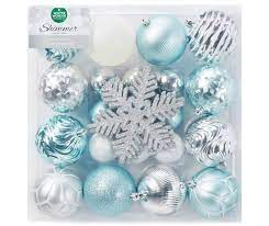 Winter Wonder Lane Silver Blue White Snowflake 24 Piece Shatterproof Ornament Set Big Lots In 2021 Turquoise Christmas Ornament Set Blue Christmas Tree