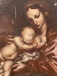Ancient Painting, Madonna With Sleeping Child, 17th Century