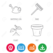 Sprout Plant Watering Can And Pot Icons Rake Linear Sign Award