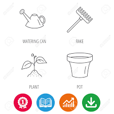 sprout plant watering can and pot icons rake linear sign award