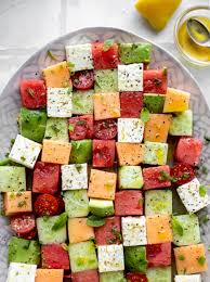 Melon Mosaic Salad With Hot Honey Vinaigrette Melon Mosaic Recipe Summer Salads Healthy Recipes Food