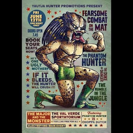 Opening tonight at @guzugallery in Austin: “We Shall Be Monsters” art show.  My contributions are a pair of wrestling styled posters representing “The  Phantom Hunter” and “Xeno Fiend.” #alien #predator #monster #halloween #