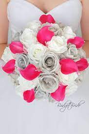 Davids Bridal Mercury Wedding Bouquet With Begonia Hot Pink Calla Lily Grey And Ivory Roses Pink Calla Lilies Pink Wedding Theme Calla Lily Bouquet Wedding