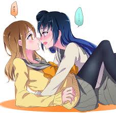 negom, kunikida hanamaru, tsushima yoshiko, love live!, love live!  sunshine!!, black legwear, bad id, bad twitter id, ..., 10s, 2girls, blue  hair, blush, brown hair, eye contact, long hair, looking at another,