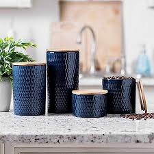 Black And White Striped Kitchen Canisters Navy Embossed Diamond Ceramic Canister Set Of 4 Kirklands Blue Kitchen Decor Blue Kitchen Accessories Blue Kitchen Canisters
