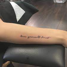May 07, 2019 · for example, a tattoo with curvature and movement, like a large koi fish, would look most suitable on a large, prominent area of your body, such as the legs, arm, or thighs. Love Yourself First Tattoo Tattoos Tattooart Tattooist Tattooartist Tattoomachine Tattooedgirls Tat Writing Tattoos Tattoo Script Tattoos