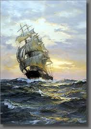 The primary colors on the boat body and are navy blue and brick red with a white stripe, and natural wood grain over the gunwale. The Brigantine Gallery Charles Vickery Brochure Page 4 Ship Paintings Sailing Ships Old Sailing Ships