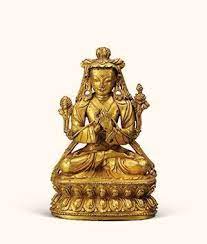 香巴拉法王像创作年代16世纪尺寸高19cm 估价250 000 350 000 rmb 成交价 作品描述红铜鎏金西藏香巴拉又译为香格里拉 意为藏传佛教中的理想乐土 是 时轮经 中所说的小瞻部洲北半六区之一 时轮教法的发源地 其国君 statue buddha statue buddhism