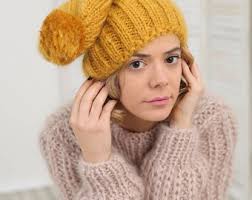 Yellow Beanie Hat, Knit beanie hat, Warm fluffy hat, Winter beanie hat,  Cable knit beanie