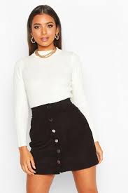 Black A Line Mini Skirt Button Through Cord A Line Mini Skirt Boohoo In 2020 A Line Skirt Outfits Mini Skirts Black A Line Skirt