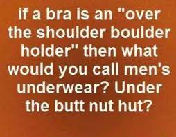 (slang, humorous) a large bra. Dopl3r Com Memes If A Bra Is An Over The Shoulder Boulder Holder Then What Would You Call Mens Underwear Under The Butt Nut Hut
