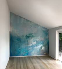 Ocean Water Painted Contemporary Abstract Mural In Pastel Blue Green And Metallic Paint Featuring A Wave Drips And G Wall Painting Metal Tree Wall Art Mural