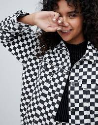 Black And White Checkered Denim Jacket Monki Monki Checker Board Denim Jacket Checkered Jacket Aesthetic Clothes Dream Clothes