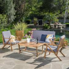 Noble House Panama Teak Finish 4 Piece Wood Patio Conversation Set With Grey Cushions 11329 The Home Depot Wood Patio Chairs Wood Patio Conversation Set Patio