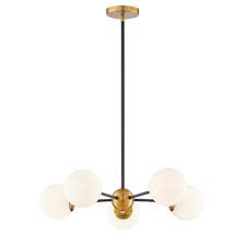 Fifth And Main Lighting Aria 5 Light Burnished Brass And Matte Black Pendant With Opal Glass Shades Hd 1831 The Home Depot
