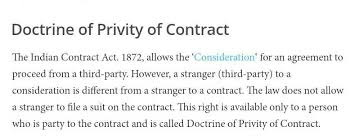 Privity of contract came about when third parties went to court to enforce the terms of contracts, even though they weren't actually parties to the contract. The Doctrine Of Privity Of Contract Meansa A Contract Without Considerationb An Unlawful Agreementc A Stranger To The Contract Can Sued A Stranger To A Contract Cannot Suecorrect Answer Is Option D Can You Explain This
