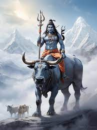 A majestic Lord Shiva stands tall on the snowy peaks of the Himalayas his faithful bull Nandi | Premium AI-generated image