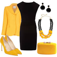 Black Dress And Yellow By Dgia On Polyvore Fashion Fashion Outfits Fashion Design Clothes