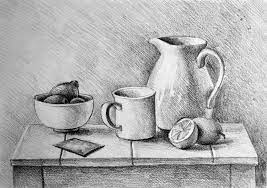 After all, you have to be an extremely accomplished artist who can draw with realistic precision all you need to create a still life is some desk space, a few objects, and your desired drawing medium. Drawing Illustration Of Still Life Composition With Mug Lemons Cup And Water Jug On Wood Table Art Pr In 2021 Still Life Sketch Drawing Illustration Still Life Art