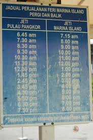 Jika diperhatikan jadual ini feri pertama bertolak dari lumut ke pulau pangkor pada pukul 7.00 pada dan feri terakhir bertolak pada pukul 8.30 malam. Jadual Perjalanan Tambang Feri Ke Pulau Pangkor Dari Jeti Marina Island