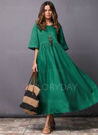 Vestidos Algodon Informal Chino Hasta Los Tobillos La Mitad De Manga Liso Flo En 2020 Vestidos Sueltos Largos Vestidos De Moda Ropa