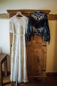 Lou Sam The Barn At Brynich Jake Morley Wedding Photography Rocker Wedding Leather Jacket Wedding Alternative Wedding Dresses