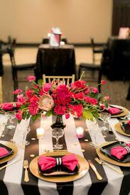 Black And White Table Decorations For Birthday Party Kate Spade Inspired Centrepiece With Shades Of Pink With Gold Black And White Stripe Accents Kate Spade Inspired Party Kate Spade Bridal Shower Wedding Table