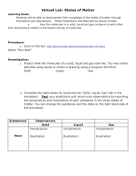 Activity that investigates phases of matter, effects of adding heat, mixing substances, and energy transformations using two phet simulations from phet.colorado.edu. Virtual Lab States Of Matter Handout