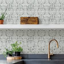 A herringbone brick stenciled kitchen backsplash. Chelsea Antique White Faux Metallic Peel And Stick Backsplash Tile D Marie Interiors