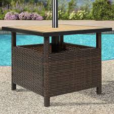 Patio Wicker Bistro Side Table Umbrella Base Stand Square Hole Brown Yard Pool Bcpo Brown Wicker Patio Furniture Patio Umbrella Stand Rattan Outdoor Furniture