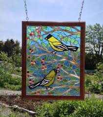 Birds On A Wire Stained Glass Hanging Panel Stained Glass Goldfinch Bird Mosaic Panel Goldfinch Stained Glass Panel Yellow Bird Stained Glass Mosaic Artwork Stained Glass Window Hanging Mosaic Birds