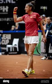 DEN BOSCH - Sara Sorribes Tormo (Spain) in action against Lesley  Pattinama-Kerkhove (Netherlands) during the singles match of the qualifying  round of the Billie Jean King Cup. The Dutch tennis players will