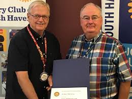Congratulations to Rotarian Bob McAlear who is our Club's 74th Paul Harris  Fellow. Bob has been a South Haven Rotarian since 2007. He is pictured with  President Mark Odland at our August