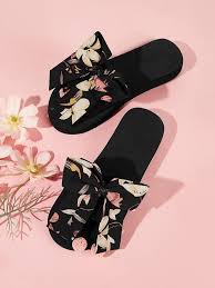 Floral Print Bow Decor Sliders Chinelos Fofos Sapatos Menina Sapatos Para Mulheres