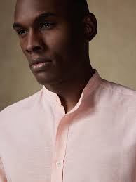 Wayne orange mandarin collar linen slim fit shirt Size : S