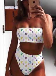 Louis Vuitton Lv New Fashion Off Shoulder Strapless Two Piece High Waist Bikini And Headband Suit From Shosouvenir Trendy Swimsuits Swimsuits Bikini Outfits