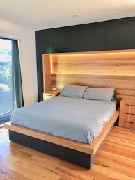 Custom Built Master Bedroom Design With Built In Timber Bed Bedhead And Side Tables And 2 Pack Painted Feature Wall Bedroom Bedroom Design Diy Bedroom Design