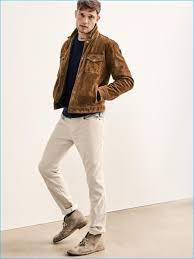 Wearing A Standout Piece Of The Season Stefan Pollmann Dons Gap S Brown Suede Casual Winter Outfits Casual Shirts For Men Mens Outfits