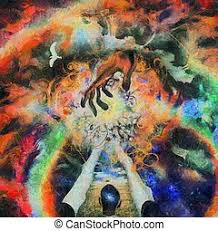 See hand of god stock video clips. Touch Of God Surreal Painting Hand Of God In Colorful Sky Man With Galaxy Inside Head Stands Before Field Of Wheat 3d Canstock