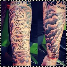 Small forearm tattoos like this also looks beautiful. Alive Tattoo Studio Singapore Names Of Family Members With Cloud Fillers Another Sitting For The Angel In The Inner Arm And The Forearm Sleeve Will Be Completed Nametattoo Wordtattoo Blackandgreytattoo Alivetattoostudio