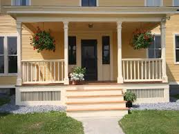 Architecture Gorgeous Yellow House Color Paired With Wooden Front Stoop Also White Railing Banister Plus Suc Front Porch Steps Porch Design Front Porch Design