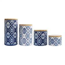 Bamboo lids on each canister sets are a convenient and stylish way to organize everyday items for easy access. American Atelier Pirouette 4 Piece Blue White Ceramic Canister Set With Wood Lid 6287 Can The Home Depot Blue Canister Set Ceramic Canister Set Blue Canister
