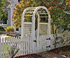 An arbor elevates a white picket fence: 46 Arbor Fence And Gate Ideas Garden Gates Arbor Backyard
