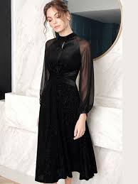 Black Velvet Chiffon Office Midi Dress Zaida Black Chiffon Dress Sleeved Velvet Dress Dresses