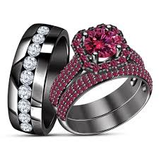 Black And Pink Rings For Her Black Gold Plated 925 Silver Pink Sapphire Wedding Band Engagement Ring Trio Set Pink Sapphire Wedding Band Black Wedding Rings Engagement Ring Wedding Band