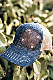 Authentic Re Purposed Lv Patch Denim Hat With Swarovski Crystals In 2021 Louis Vuitton Hat Louis Vuitton Cap Denim Hat