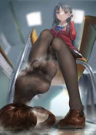 antinomychina, horikita suzune, youkoso jitsuryoku shijou shugi no  kyoushitsu e, highres, 1girl, black hair, classroom, desk, feet, loafers,  long hair, looking at viewer, pantyhose, purple eyes, school desk, shoes,  soles, steam, toes,