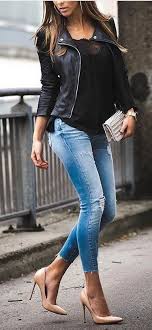 Black Leather Jacket Over Black Top With Blue Jeans Chic Outfits Fashion Fashion Outfits